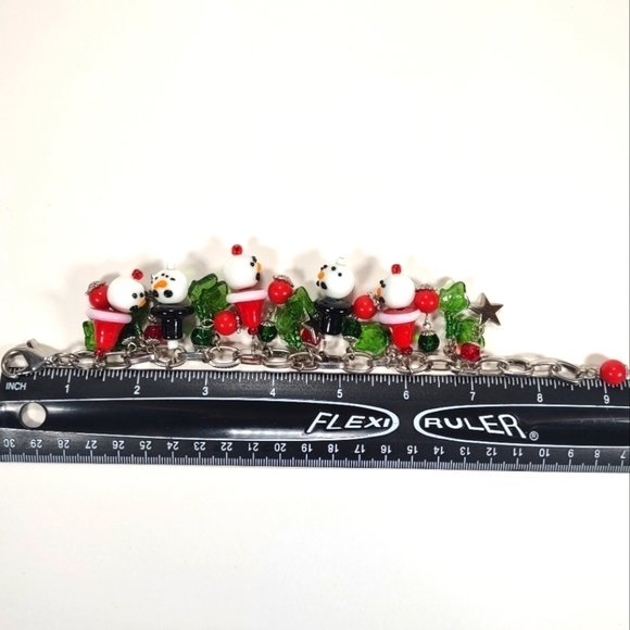Christmas Snowman Silver Tone Charm Bracelet With Glass Lampwork Beads 8" - Picture 4 of 4